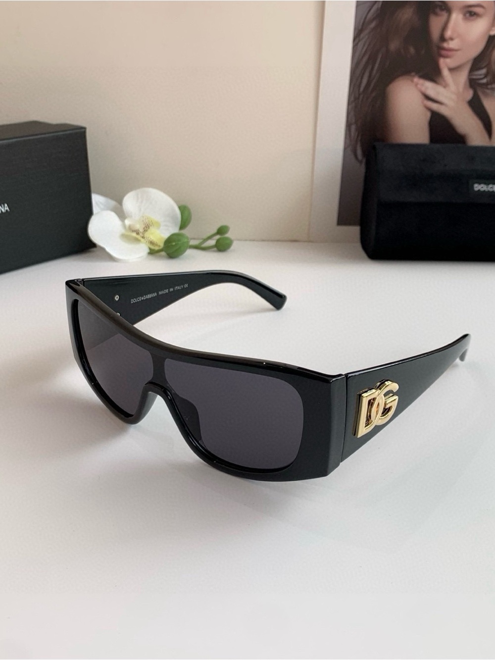 Dolce & Gabbana Black Shield Sunglasses with Gold DG Accent